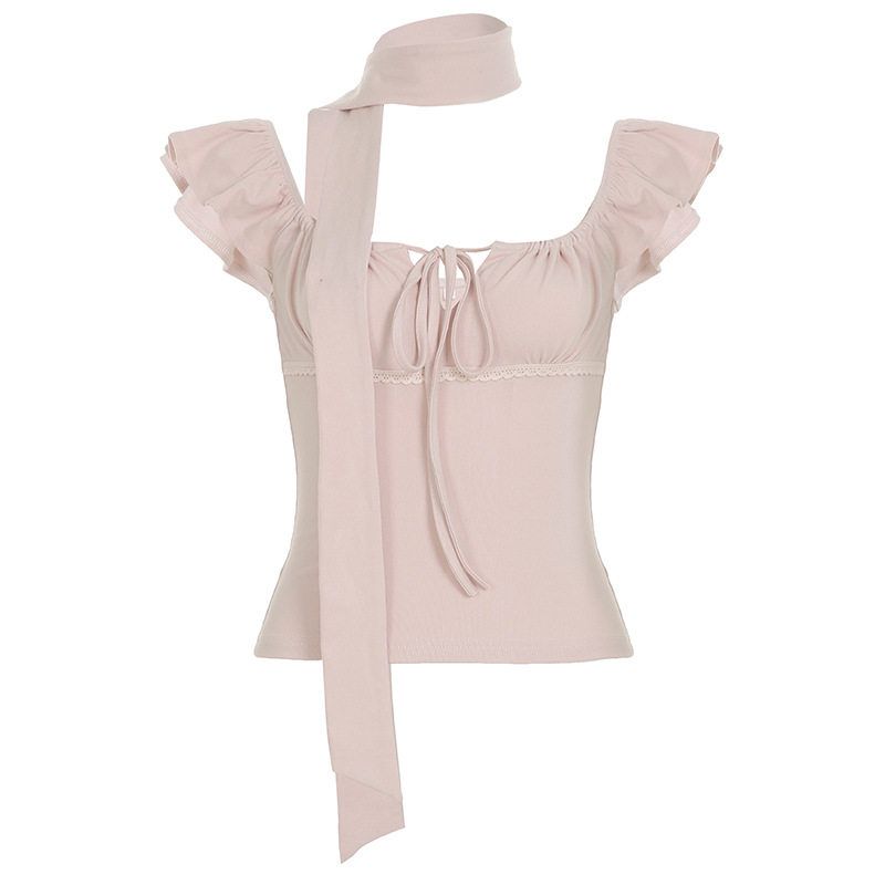 

Korean-Style Pure Desire Girl s Youthful Irregular Lace Patchwork Short-Sleeve T-Shirt with Neck Scarf Design and Puff Sleeves Slim-Fit Top 33709 Light Pink S