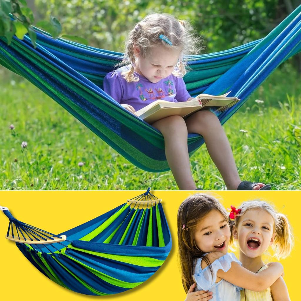 Double Hammock De Gardina 260×150 Cm GALAXIA® Blue Green Wooden Bar Cotton Double Hammock