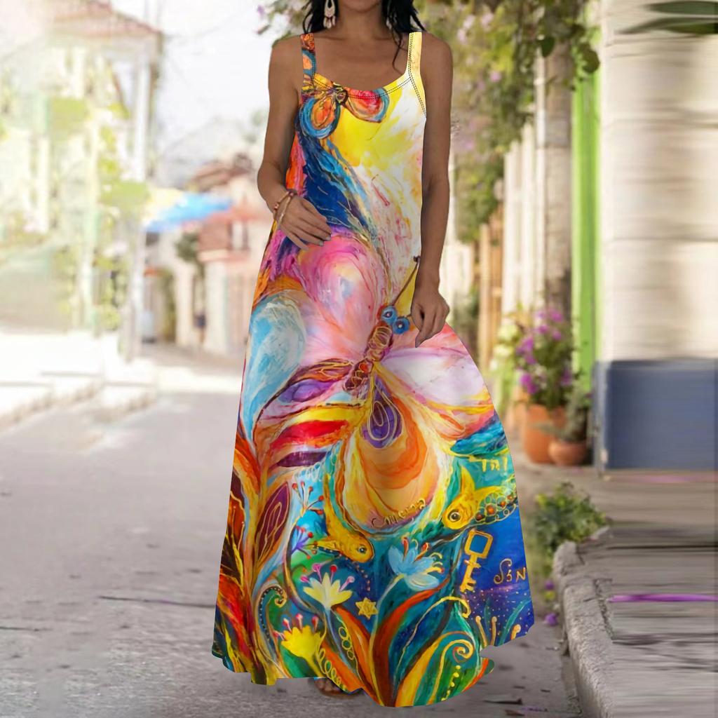 Damen Slip Dress Maxi Langes Kleid Grün Geschwungenes Blätter Print Kleid Frühling & Sommer Freizeit Urlaub