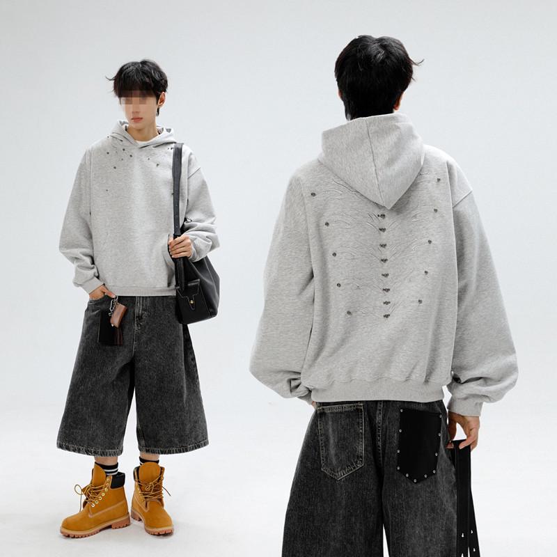 Retro Beaded Embroidery Unisex Hoodie - Loose Fit L