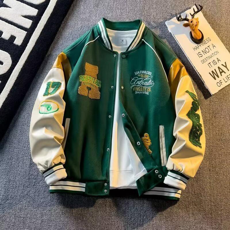 Giacca da Baseball Oversize da Uomo con Design Ricamato Streetwear Casual Vestibilità Larga Collo Alto