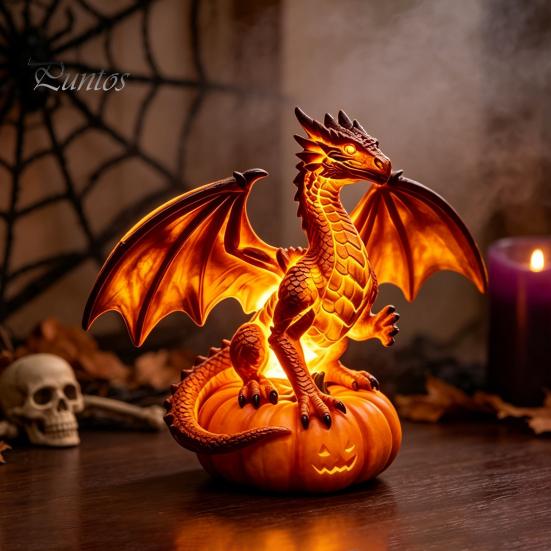 Handmade Three Dimensional Figures Halloween Pumpkin Night Light, Resin LED Dragon Tabletop Lamp, Witch Collectibles for Lovers Hat Black Cat