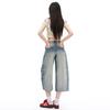 Trendy Heavy Whisker Detailed Curved Slub Fabric Loose Wide Leg Cropped Capri Denim Pants For Women Versatile Loose Straight Slimming Casual Wear
