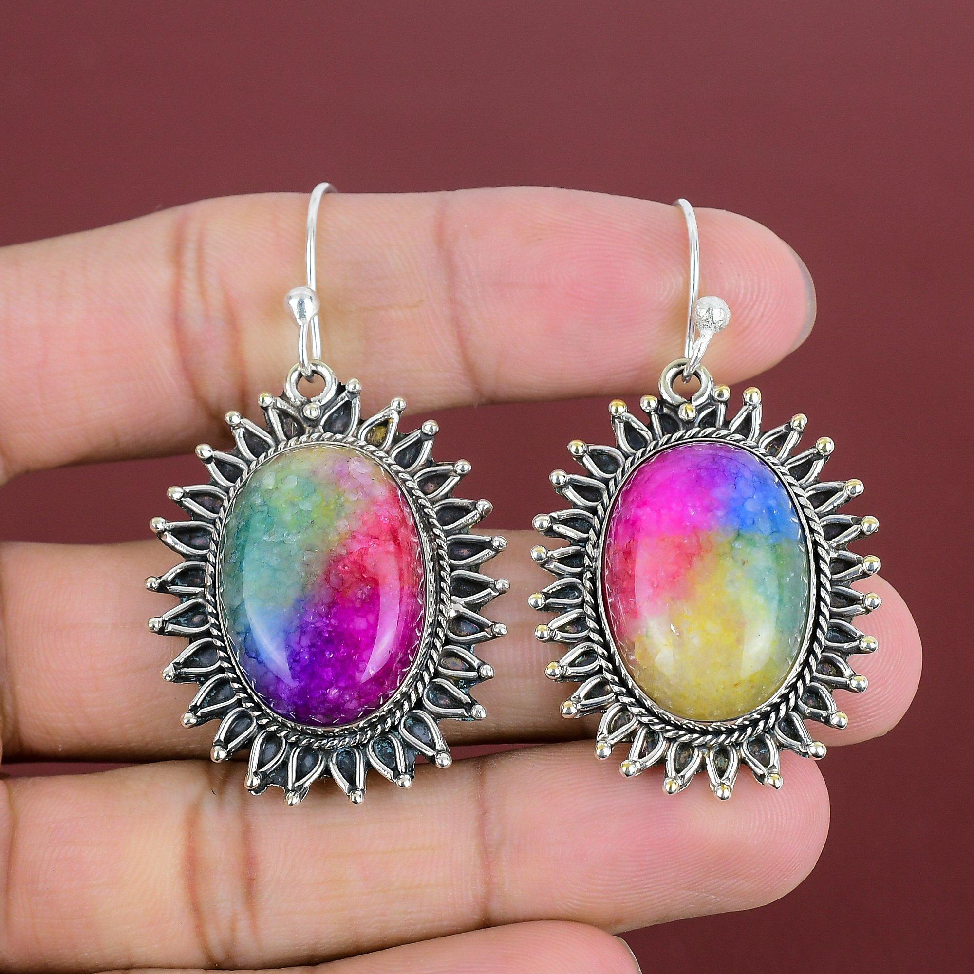 Rainbow Solar Quartz Druzy Earrings 925 Sterling Silver Earrings Original Gemstone Earring Handmade Jewelry Engagement Gifts Dangle Earring