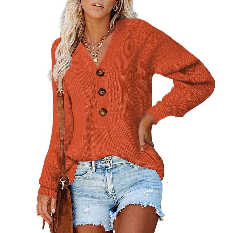 Popular Top Women's Button Design V-neck Pullover Sweater Women's Autumn and Winter Loose Outer Wear Lazy European and American Style