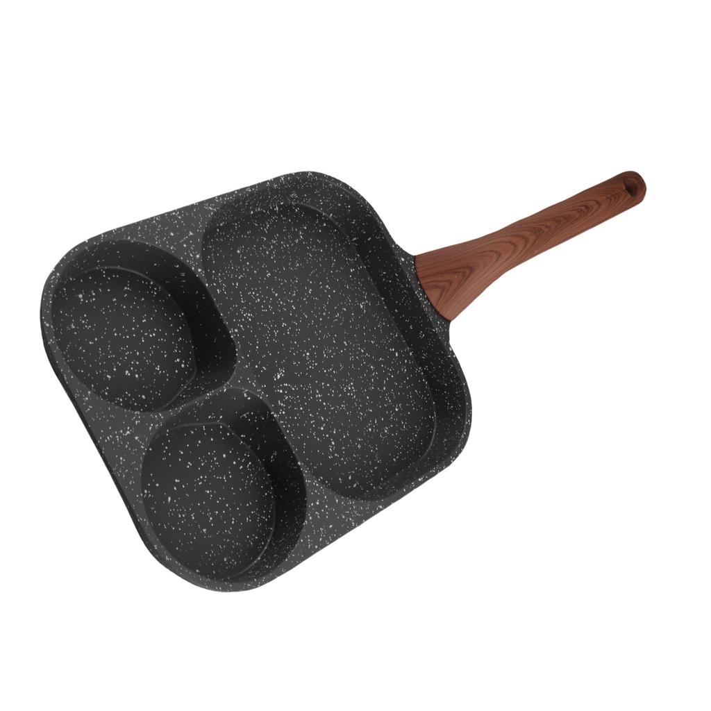 Egg Frying Pan 3 Section Stick Proof Flat Bottom Breakfast Cooking Pan with Heat Resistant Handle for Steak Omelette Black