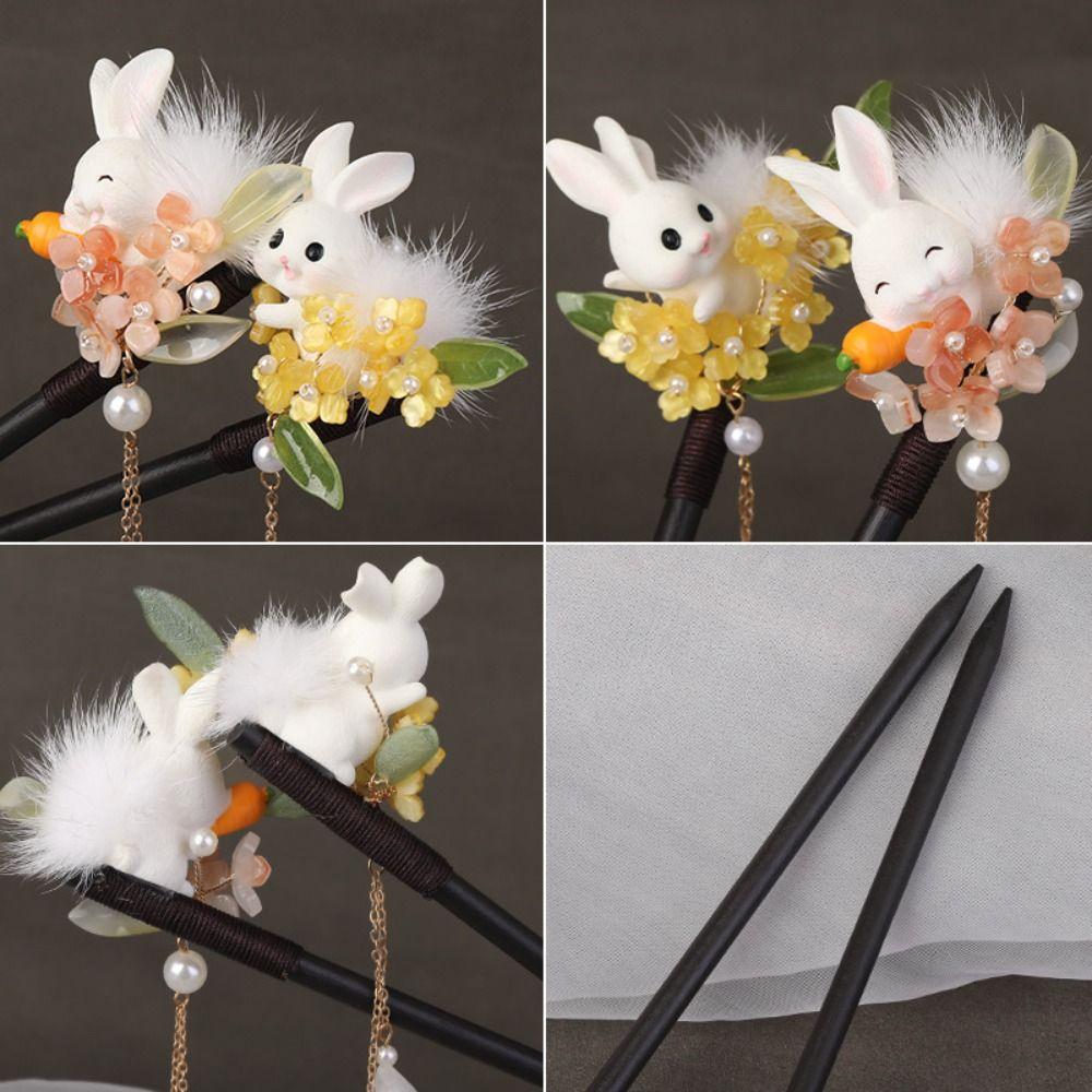 Flower Wooden Hair Stick Rabbit Hanfu Hairpin Antique   For Girl