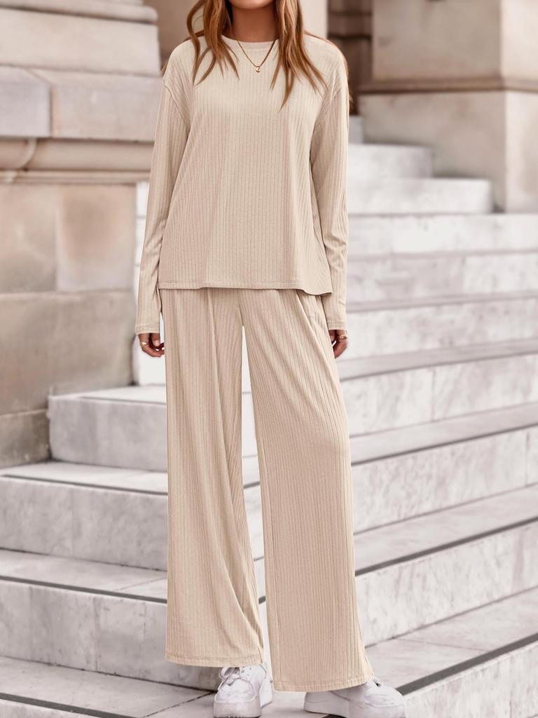 Autumn Trendy Two-Piece Casual Long Sleeve Ribbed Knit Wide Leg Pants Set Women's Fall Fashion