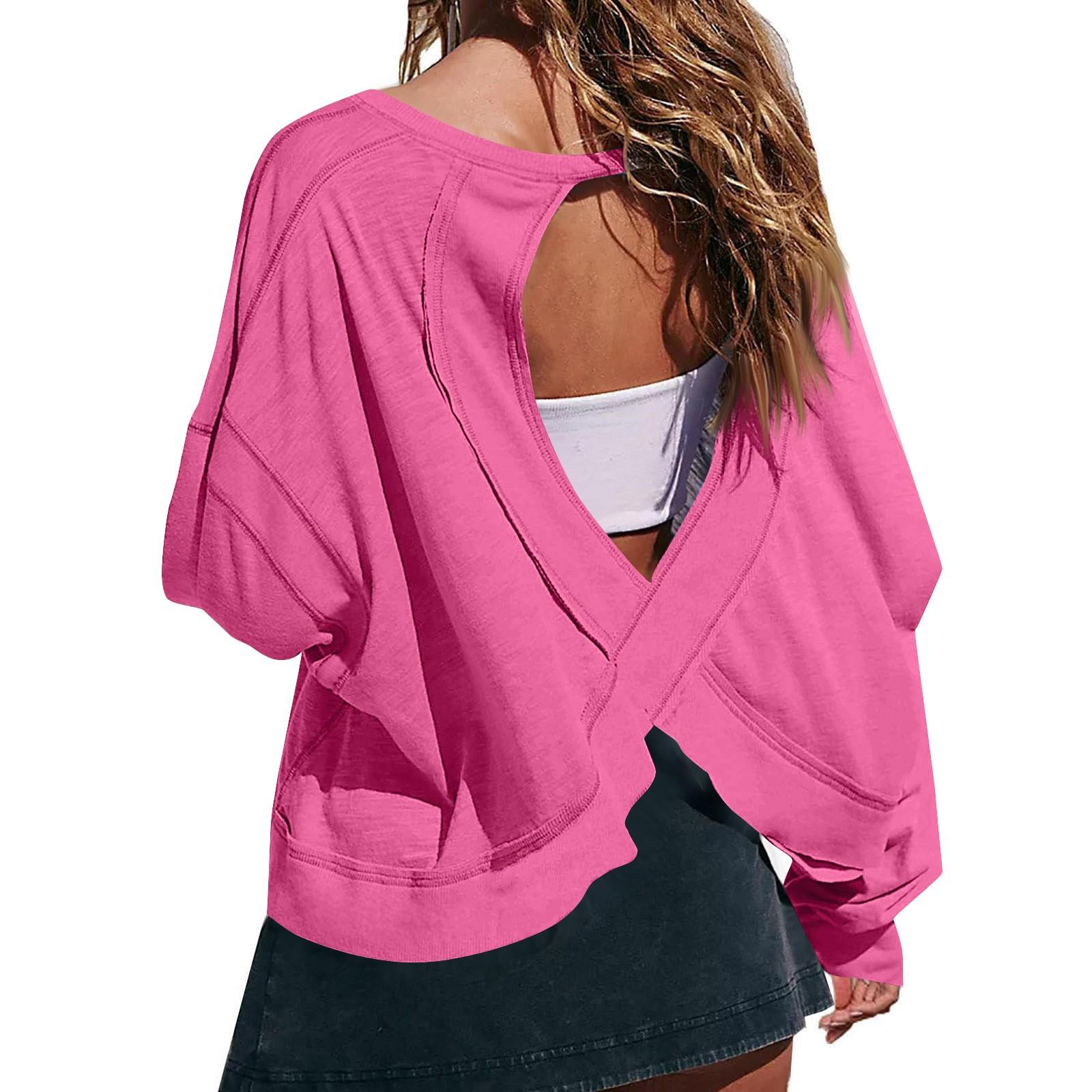 Женская мода повседневная круглая горловина длинный рукав спинка однотонный топ L — фото 8