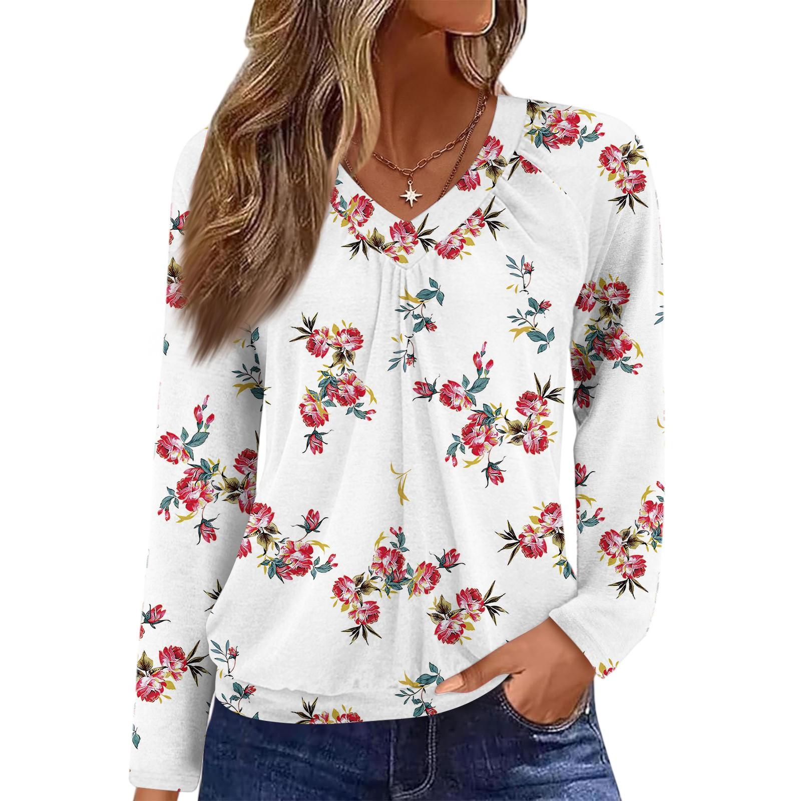 

Women s Casual Fashion V-Neck Raglan Pleated Floral Print Long Sleeve Top L червоний