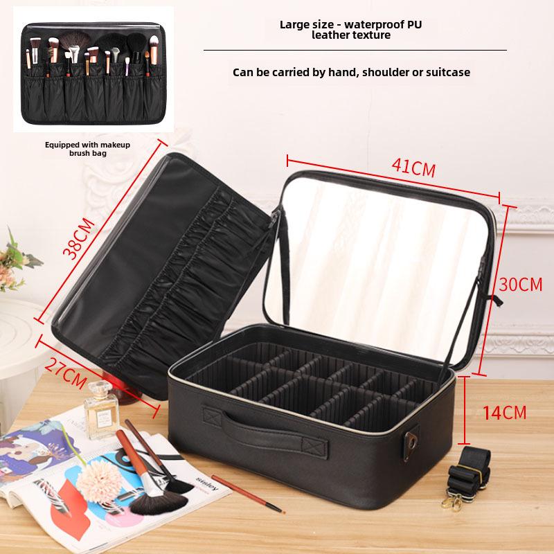Black Heightened Cosmetic Bag with Mirror - Large Capacity Portable Handheld Storage Box