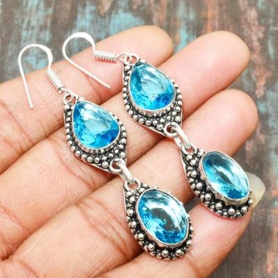 Joyful Swiss Blue Topaz Gemstone Handmade 925 Sterling Silver  Jewelry Earring For Her
