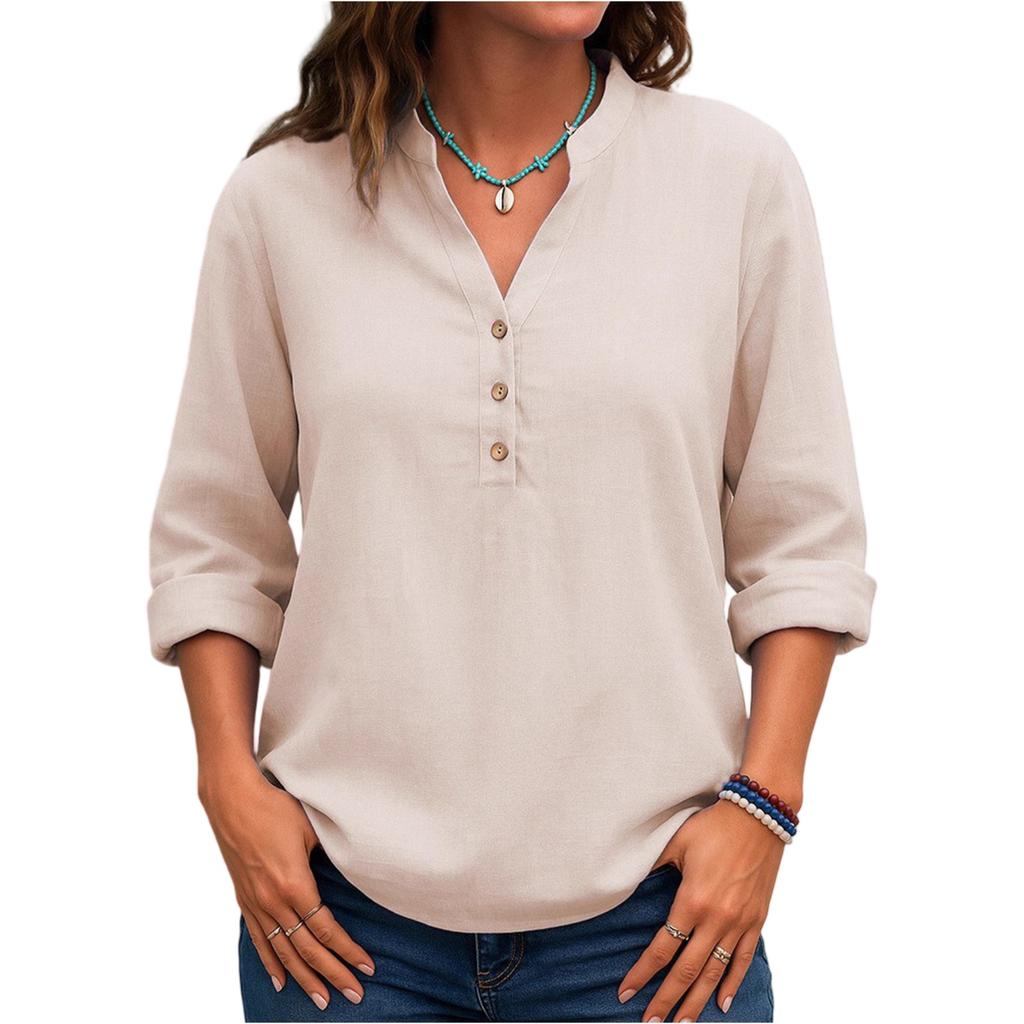 Women's Fashionable Solid Color V Neck Button Long Sleeved Casual Shirt Top