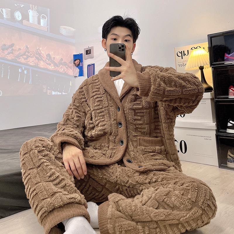 Men's V-Neck Cardigan Flannel Pajama Set - Coral Fleece, Thick, Korean Style, Large Size, 2023 Autumn/Winter