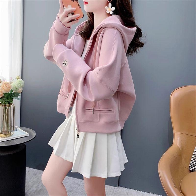 Autumn and Winter Korean Style Loose Velvet Short Versatile Solid Color Cardigan Coat Early Hooded Sweatshirt for Women