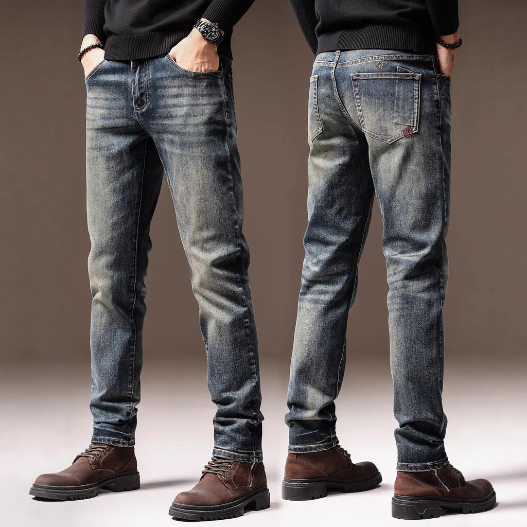 High-end European and American trendy brand men's jeans fashion slim-fitting straight autumn new elastic small feet casual pants