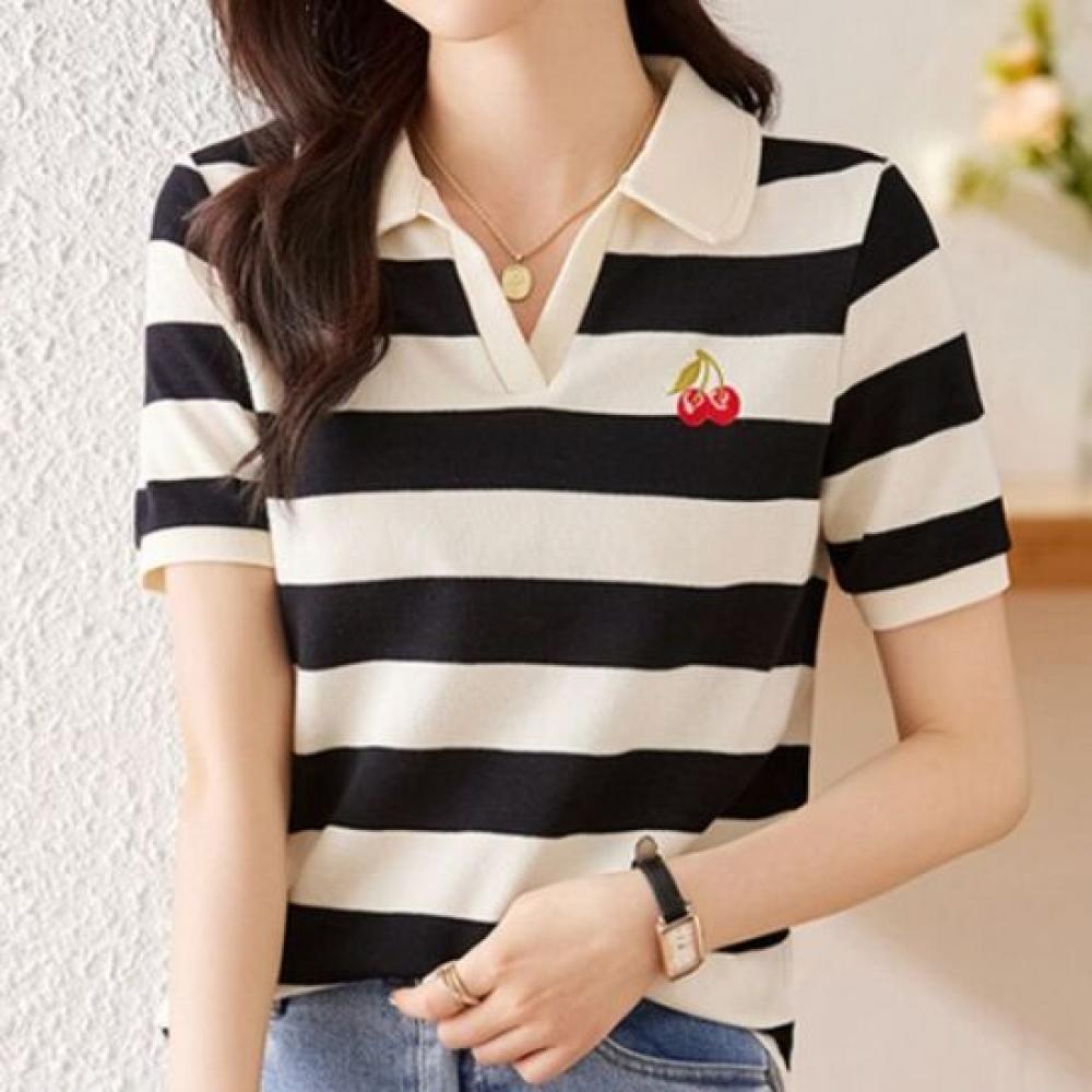 Navava Casual Cherry Embroidery STriped SpliT Collar T shirT nT807