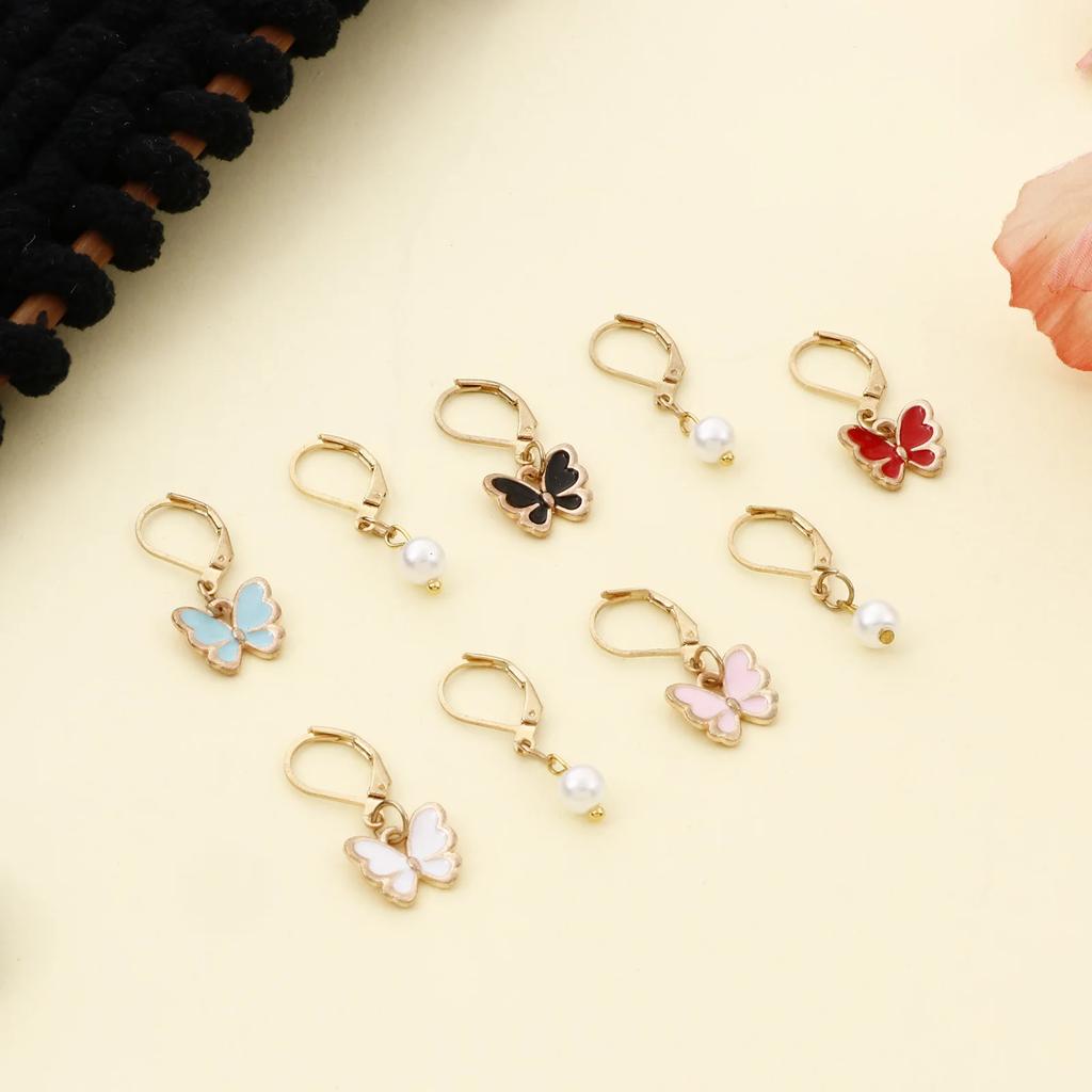 9PCs/set Enamel Colorful Butterfly Imitation Pearl Pendant Knitting Stitch Markers Crochet Latch For DIY Craft Marker Tools