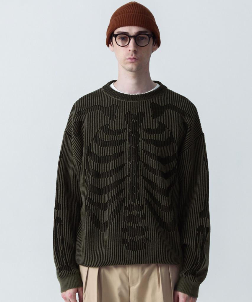 STAGE NAME Two-Tone Skeleton Bones Round Neck Oversized Knit_Khaki