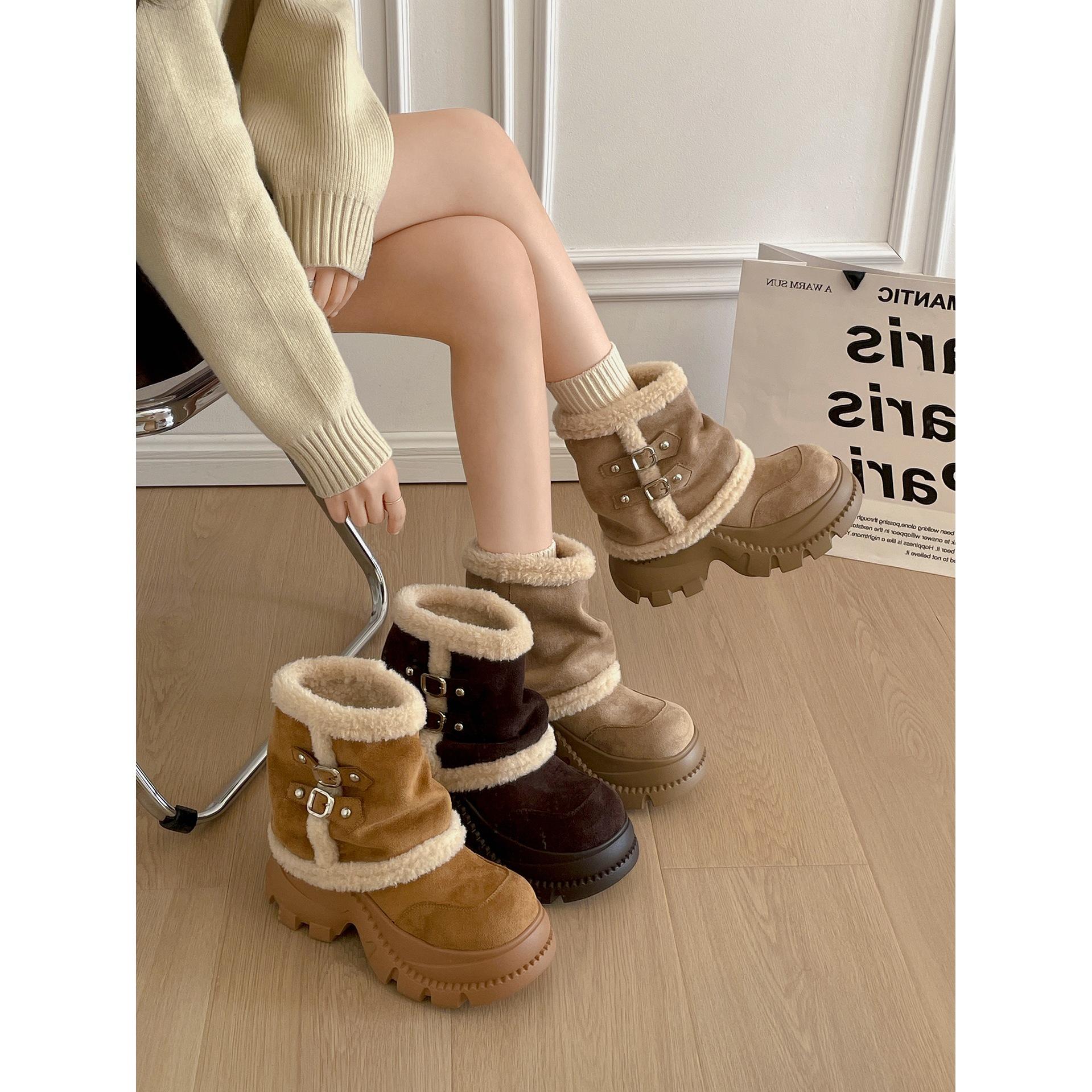 Fleece warm thick-soled non-slip snow boots women s winter wear small height-increasing warm cotton shoes 35