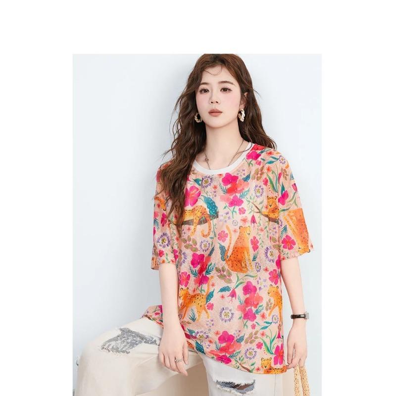 DIMANAF 2026 Plus Size Summer Beach Women Tees T-Shirts Casual Lady Tops Tunic Shirt Oversize Loose Floral Print Knitted