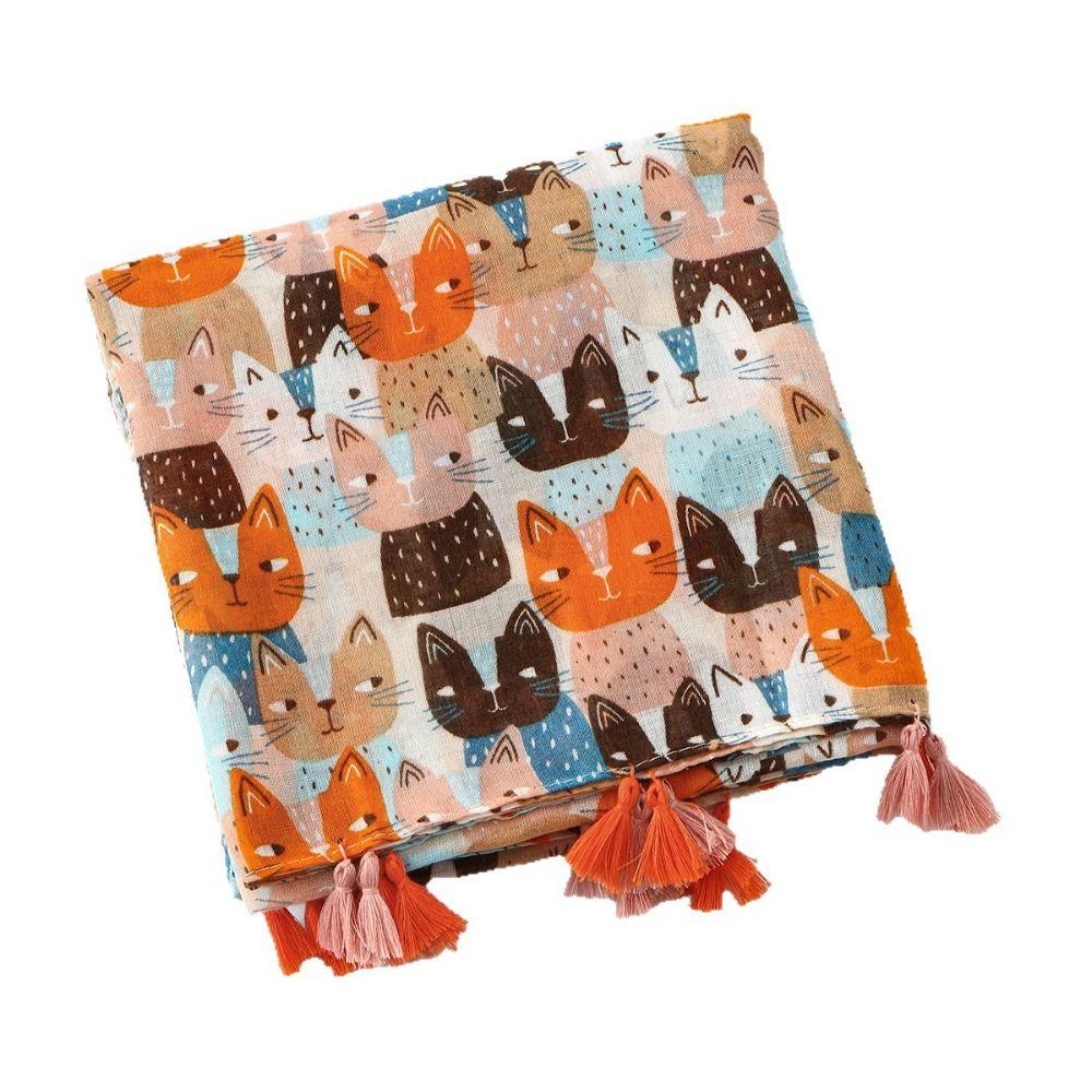 Bohemian Cat Pattern Tassel Scarf Large Animal Print Scarves Elegant Printed Silk Scarf  Outdoor
