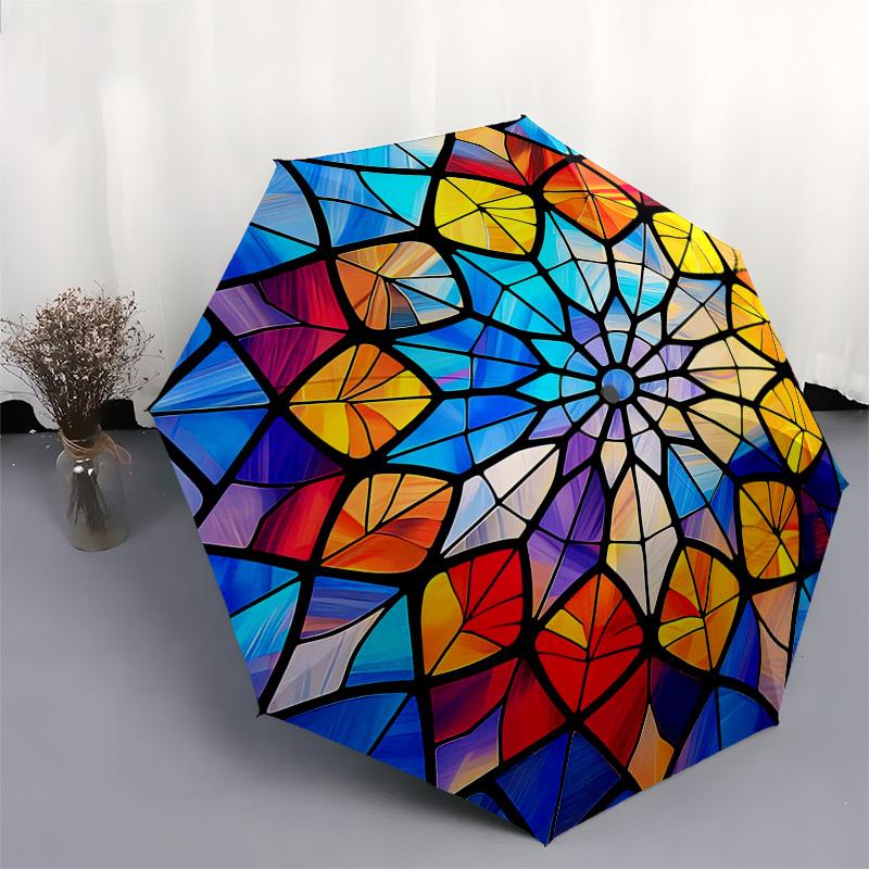 1pc Stained Glass Mandala Design Automatic Folding Umbrella - Portable 3-Fold Design, 8-Bone Iron Frame Outdoor Umbrella, Perfect Festival Gift for Fa