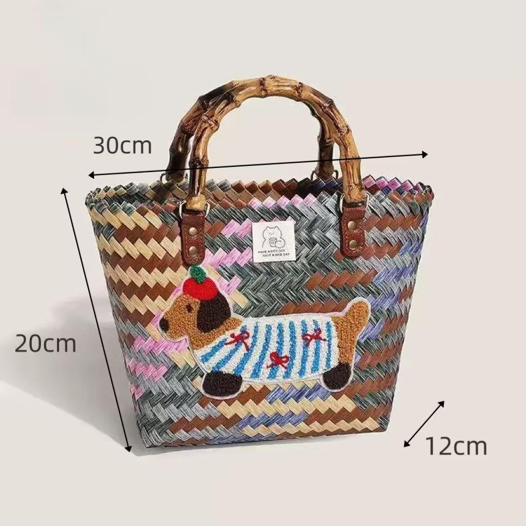 Dackel Welpe Gewebte Handtasche mit Bambusgriff Vintage Strandtasche