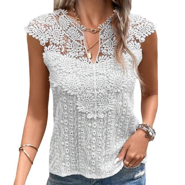 

Женский Летний V-образный вырез Кружево Однотонный Лоскутный Пуловер Без рукавов Жилет Футболка S белый