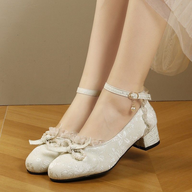 Chinese embroidered shoes spring and summer high heels with cheongsam Hanfu bow pearl Mary Jane shoes