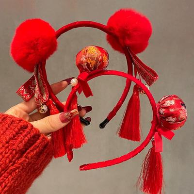 Bandeau Rouge Nouvelle Année Bandeau à Cheveux Pompon Style Chinois Coiffe Bandeau à Nœud Rouge Enfants