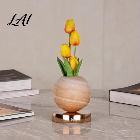 Glass Vase LED Lamp Tulip Planet Night Light Dimmable Touch with Aromatherapy Diffuser Artificial Flower Light USB Rechargeable Table Decor for Home