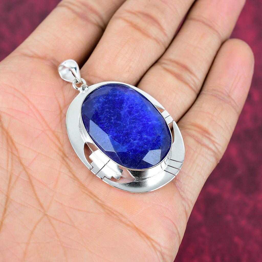 Blue Sapphire Pendant, Handmade Gemstone Pendant, 925 Solid Sterling Silver Pendant Antique Jewelry, For Engagement Gift