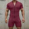 INCERUN Men Short Sleeve Zip-up Rib Jumpsuits Rompers Underwear