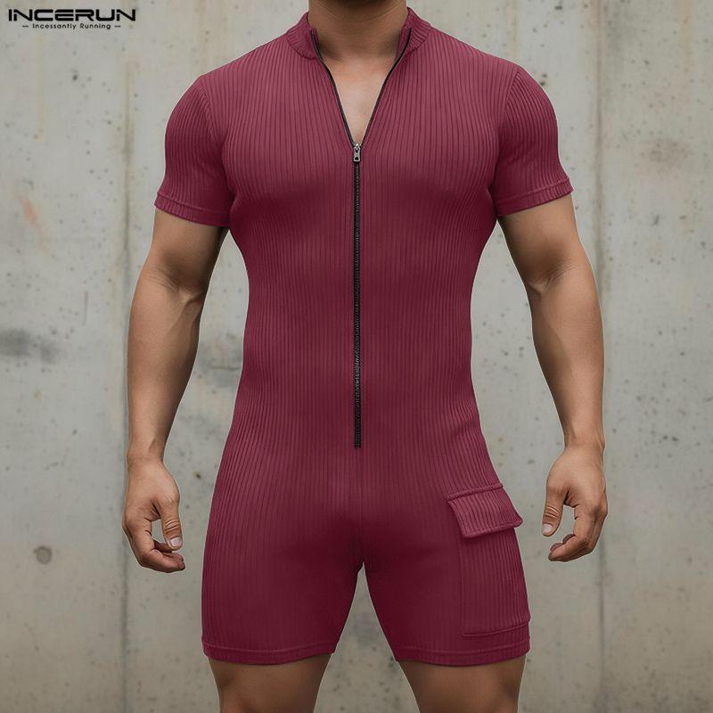 INCERUN Men Short Sleeve Zip-up Rib Jumpsuits Rompers Underwear