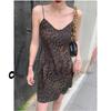 2026 Spring/Summer V-Neck Leopard Print Off-Shoulder Spaghetti Strap Mid-Length Slimming Dress