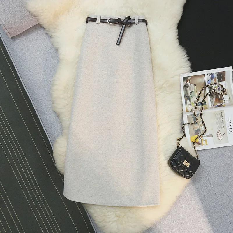 Jupe A-line en laine à taille haute et taille élastique pour femmes - Jupe longue fourreau d'automne/hiver pour les déplacements
