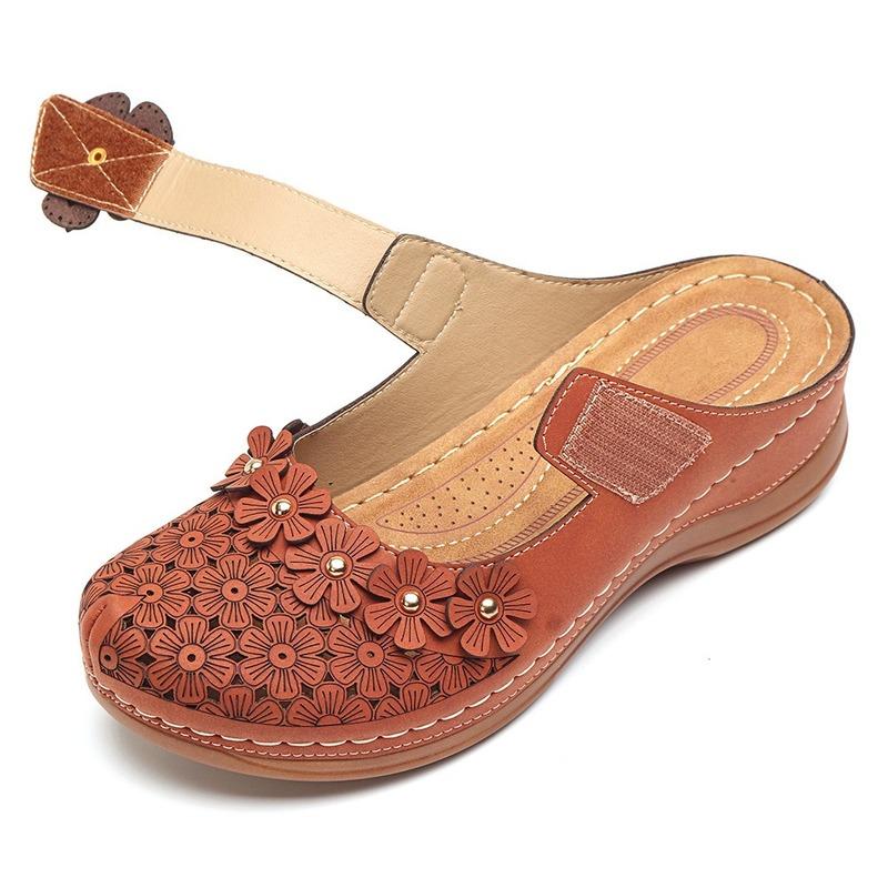 Slippers Women Casual Ladies Shoes Female Leather Floral Platform Sandals Retro Flats Shoe Woman Plus Size 43 Summer 2025 New