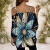 Women Plus Size Off Shoulder Double Strap Short Sleeve Top Blue White Swirl Rhinestone Print