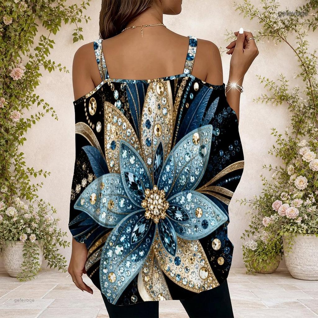 Women Plus Size Off Shoulder Double Strap Short Sleeve Top Blue White Swirl Rhinestone Print