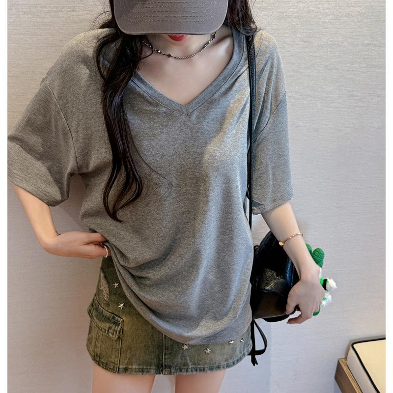 Spot European large version loose basic short-sleeved t-shirt women's summer shoulder 2026V neck top modal