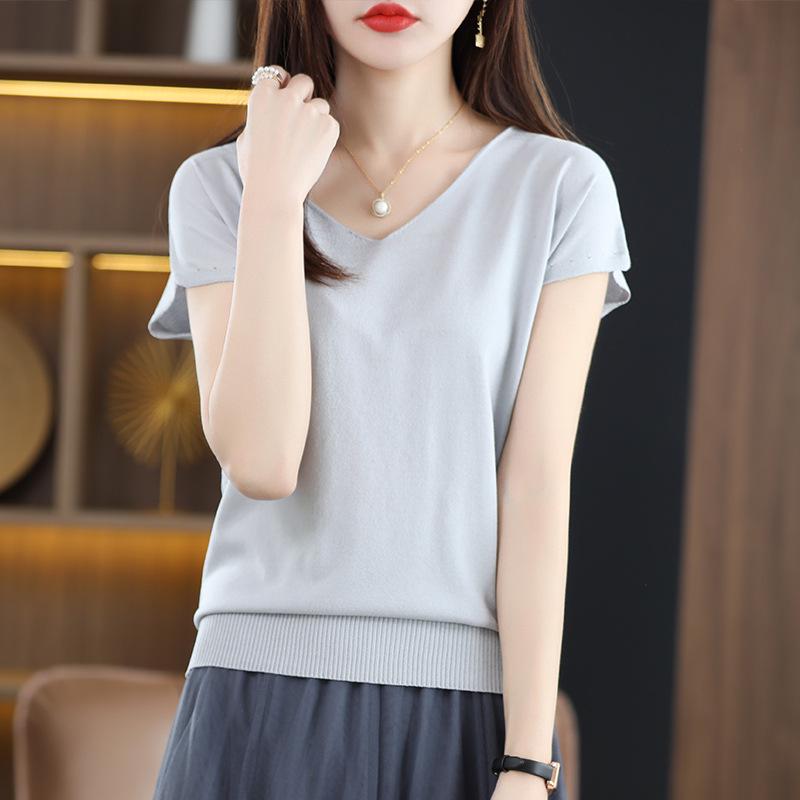 2023 Women's Ice Silk V-neck Summer Top: Short Sleeve T-shirt & Sleeveless Knitted Vest