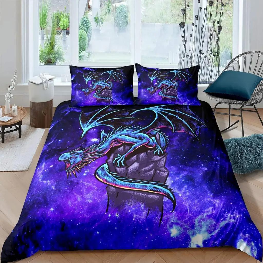 Bettbezug-Set mit Feuerdrachen, magisches Dinosaurier-Bettwäsche-Set, Dschungeltier-Muster, Wildlife-Stil, Kingsize-Bettbezug aus Polyester