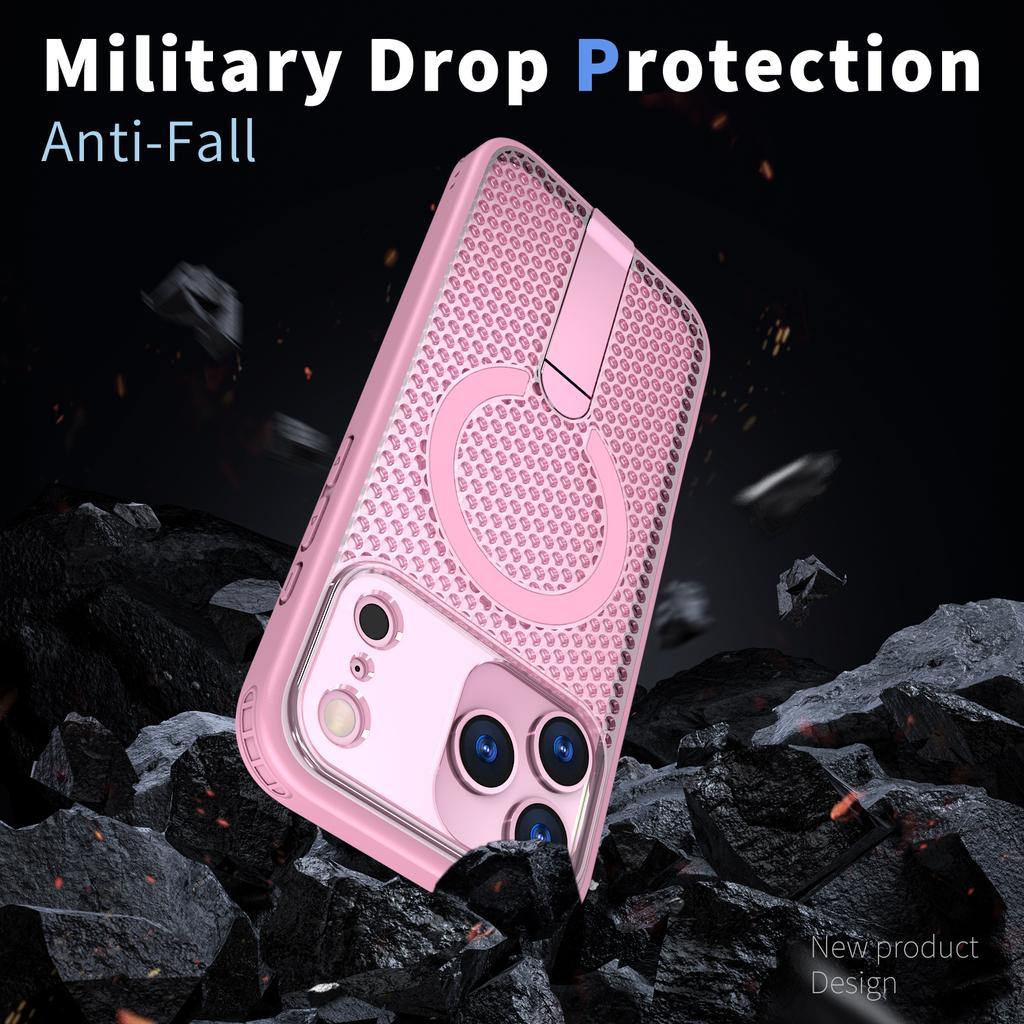 For iPhone 17 Pro Max Magnetic Case Kickstand Grid Texture TPU PC Phone Back Cover