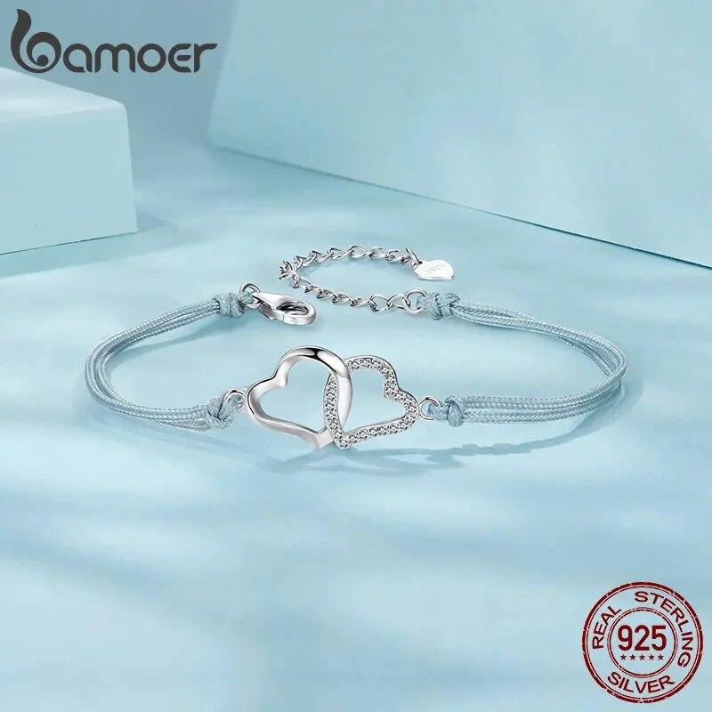 BAMOER Personalized Heart To Heart Bracelet 925 Sterling Silver Dainty Gray Rope Link Chain Bracelet for Women Teen Girls