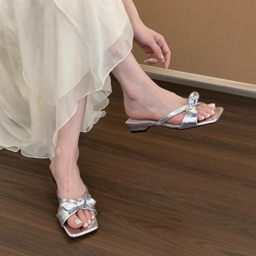 Gentle bow with cool slippers women's outerwear skirt open-toed square head thick heel sandals