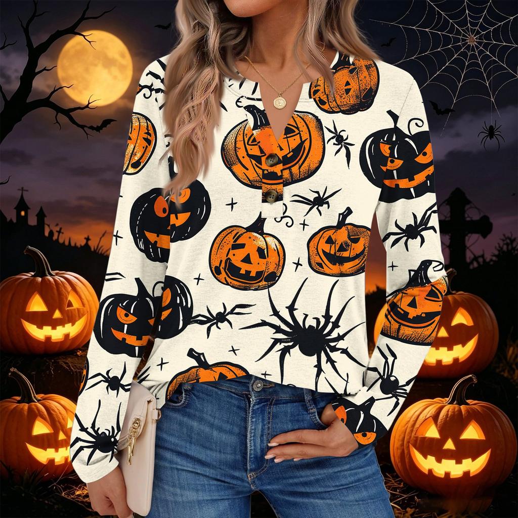 Women's Halloween Print Long Sleeve Shirt Casual Blouse