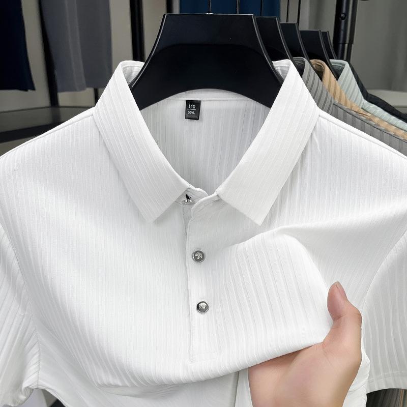 High-End Striped Ice Silk Short-Sleeved T-Shirt Men'S Lapel Solid Color Polo Half-Sleeved Breathable Clothes