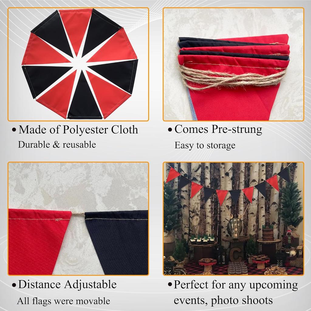 Uni Pre-Strung Black and Red Triangle Flag Banner Garland for Graduation Baby Shower Birthday Party Decorations Indoor Outdoor Photo Backdrop