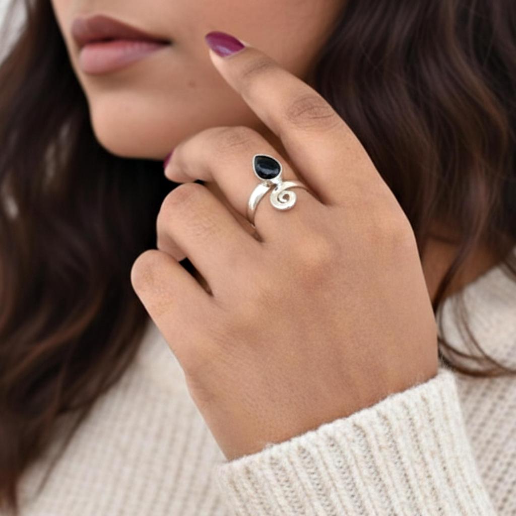 Minimalist Onyx Statement Ring, 925 Sterling Silver, Pear Black Gemstone Ring, Birthday Gift for Her